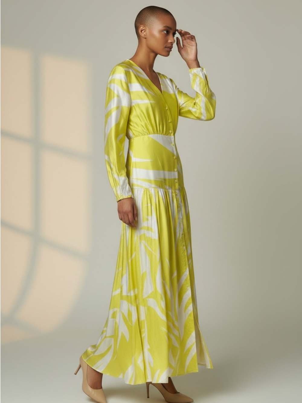 Lime Yellow & White Printed V-Neck Maxi Dress